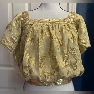 Bebe Gold Puff Sleeve Blouse with Ruffled Embellishments